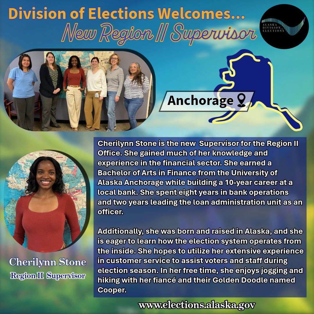 ak_elections's tweet image. #news Get to know Cherilynn Stone the new Region II Supervisor for Anchorage.  #welcome #stateofalaska #elections