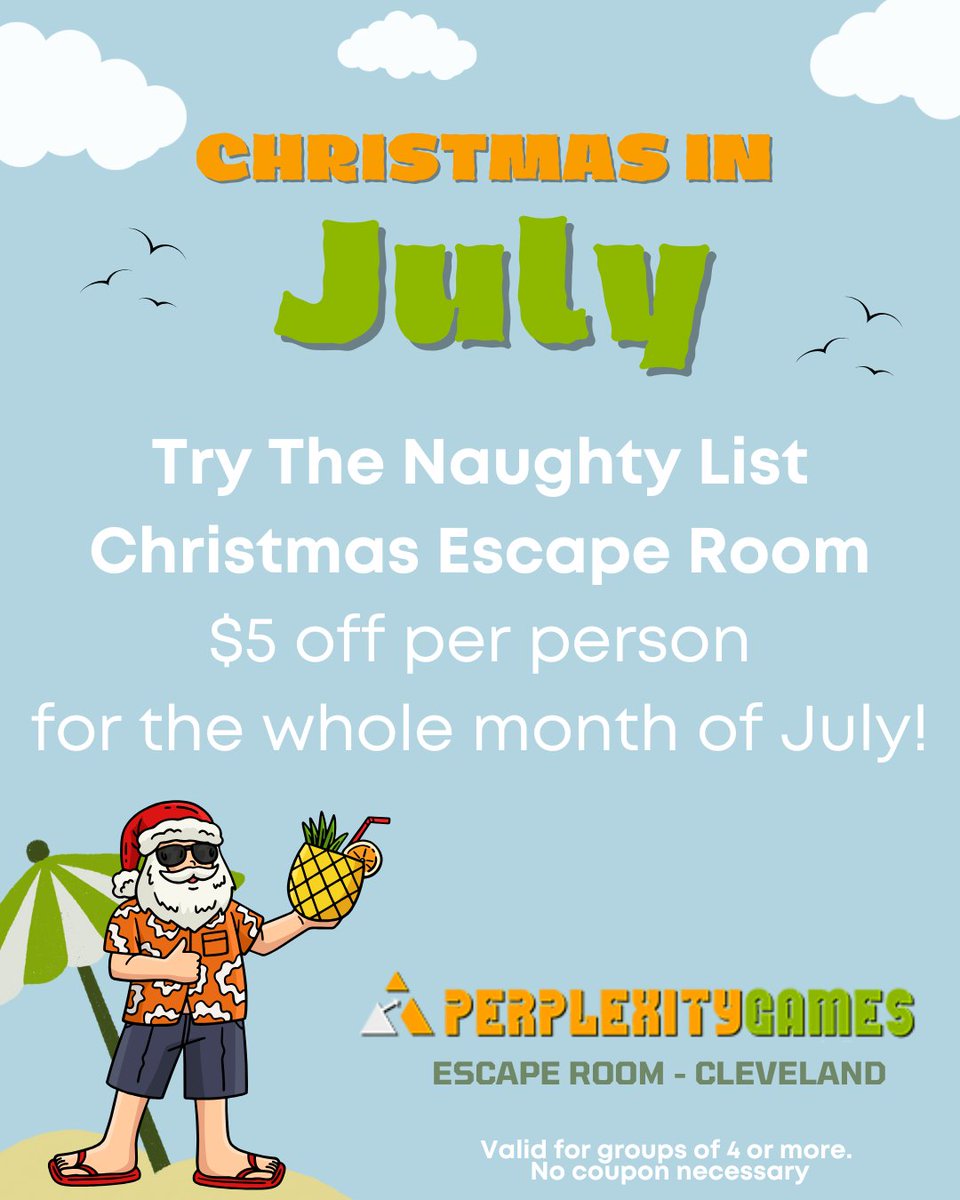 PerplexityGames's tweet photo. It’s CHRISTMAS… in JULY! To celebrate, we have a fun deal for you all month long!
Come try The Naughty List Christmas Escape Room $5 off PER PERSON for the whole month of July!
Who says that Christmas cheer is reserved for the holidays! Book now at: https://t.co/T2fPPXXH4Y https://t.co/xTzTDv9gIl