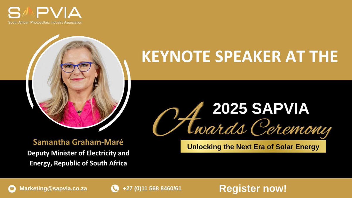 DOEE_ZA's tweet image. Deputy Minister @SamGrahamMare to deliver a keynote address at the 2025 SAPVIA Awards, celebrating the exceptional
achievements of individuals, organisations, and projects driving South Africa’s solar photovoltaic (PV) industry forward.
