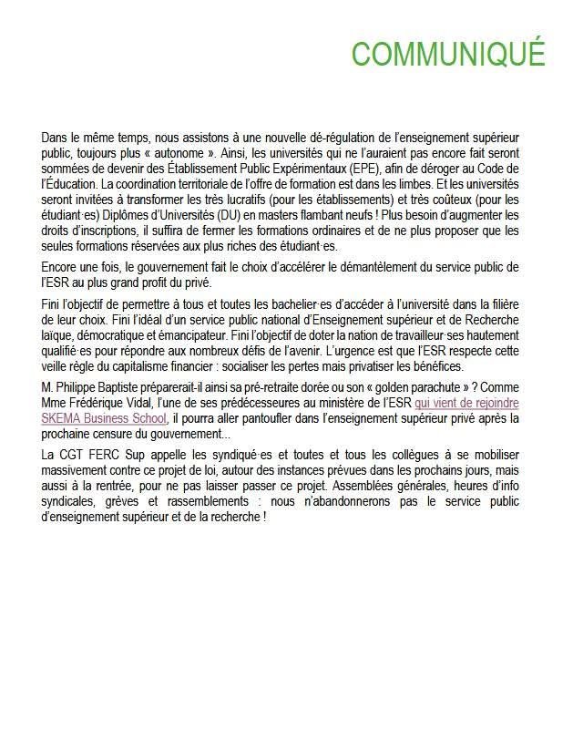 COMMUNIQUÉ 

Projet de loi de modernisation et derégulation de l’enseignement supérieur :  Les fossoyeurs…