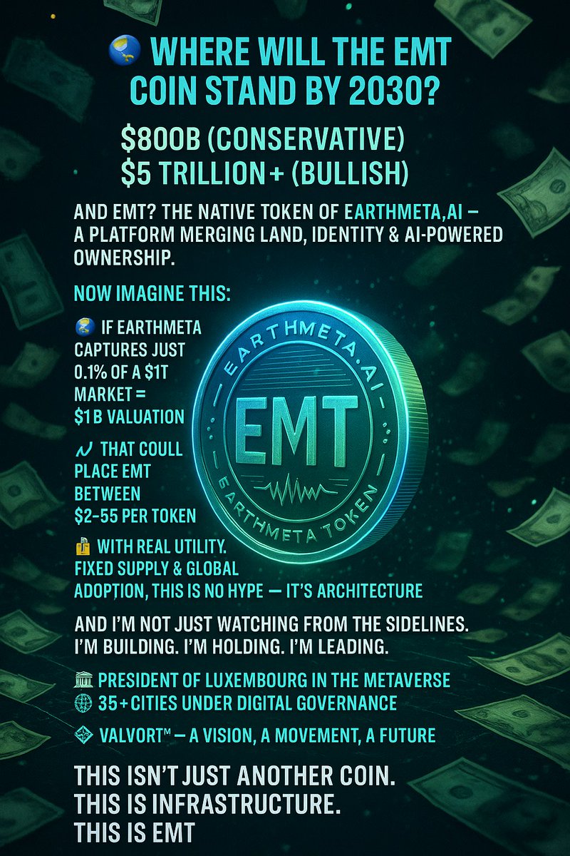 VALVOR_official's tweet photo. 🌐 Where will the EMT Coin stand by 2030?
Explore https://t.co/HuWEym0R5v now:
👉 https://t.co/sb3frkFs40
💰 The global Metaverse market is set to reach:
• $800B (conservative)
• $5 TRILLION+ (bullish)
And EMT? The native token of https://t.co/HuWEym0R5v — a platform merging land, identity & AI-powered ownership.
Now imagine this:
🌍 If Earthmeta captures just 0.1% of a $1T market = $1B valuation
📈 That could place EMT between $2–$5+ per token
🔒 Fixed supply. Real use. Global traction.
I’m not guessing — I’m positioning:
🏛️ President of Luxembourg in the Metaverse
🌐 35+ Cities under digital governance
💠 VALVOR™ – A movement with intent.
This is not hype.
This is infrastructure.
This is EMT.
🚀
#VALVOR™ x #EMT x #Earthmeta2030
#Metaverse #DigitalAssets #FutureReady #ReferralIncluded