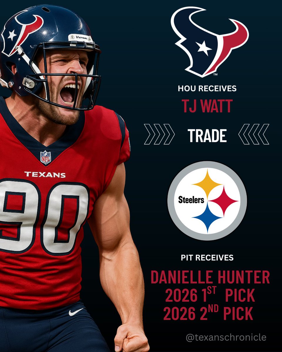 texanschronicle's tweet image. Teams are calling about T.J. Watt. Should the Texans be one of them? 👀
Reports say the Steelers have gotten inquiries on Watt’s availability. No guarantees anything happens… but imagine Watt lining up opposite Will Anderson Jr. in DeMeco’s defense.
Would you pick up the…