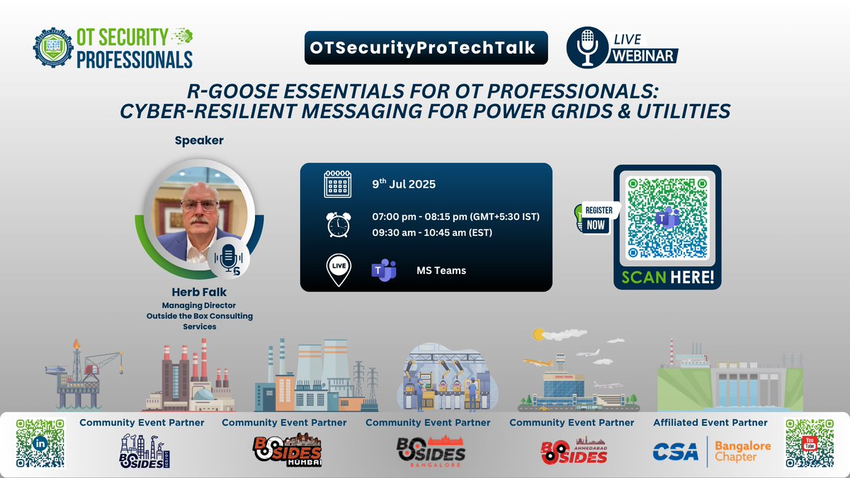 🔊 Don’t miss #OTSecurityProTechTalk with IEEE Fellow Herb Falk
🎙️ R-GOOSE Essentials for OT Professionals: Cyber-Resilient Messaging for Power Grids &amp; Utilities
🗓️ July 9 | 🕘 9:30 AM EST / 7:00 PM IST

🔗 Register: events.teams.microsoft.com/event/4e6d479e…
#IEC61850 #RGOOSE #OTSecurity