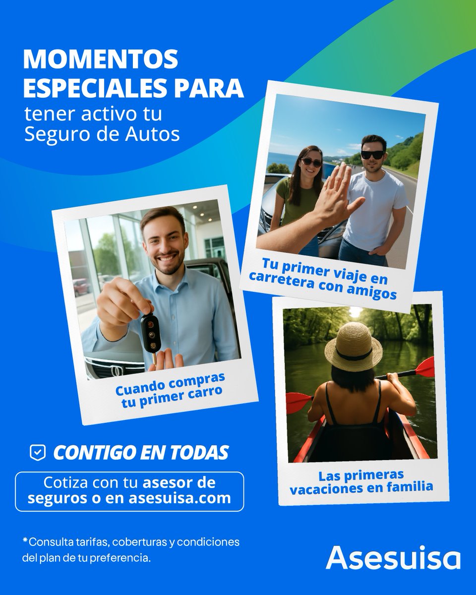 Esos momentos que se convierten en recuerdos, también merecen estar protegidos. 🔒💙

Nuestro Seguro de Autos te acompaña en todas, para que disfrutes cada una de tus experiencias. ✨ Conoce más con tu asesor de seguros o en asesuisa.com 📲

#Asesuisa #ContigoEnTodas