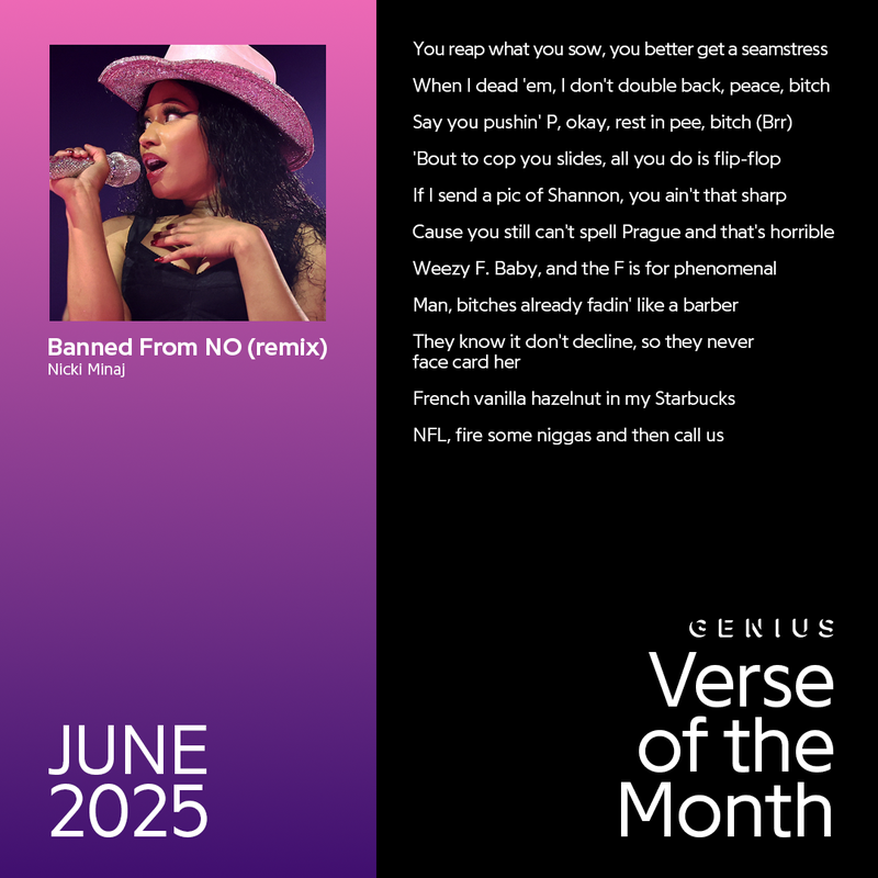 🚨 calling all barbs 🗣️  @nickiminaj went crazy 🤯 on her verse off the "banned from no" (remix) with #lilwayne 🎶  and that is why she has earned our #june Verse Of The Month 🎤 🔥 👑