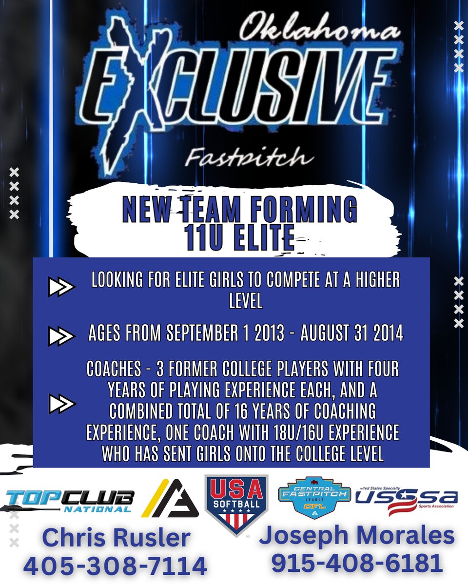 🥎 ATTN 11U PLAYERS 🥎  OK Exclusive is forming a new 11U Elite team!  Give the coaches a call for more info!