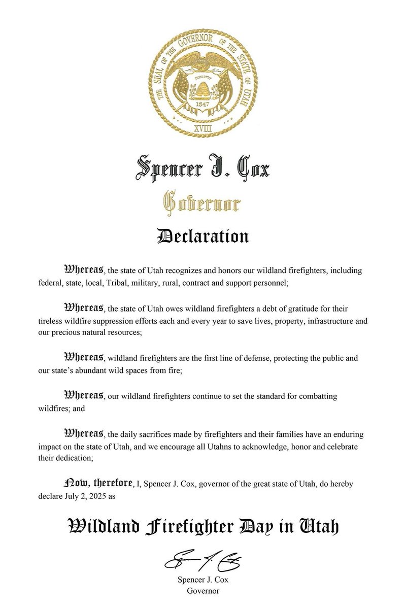 In conjunction with National Wildland Firefighter Day, the Utah Governor Spencer Cox has declared today as Utah Wildland Firefighter Day. Thank you to the wildland firefighters who protect the state of Utah.
#ItTakesAllOfUs