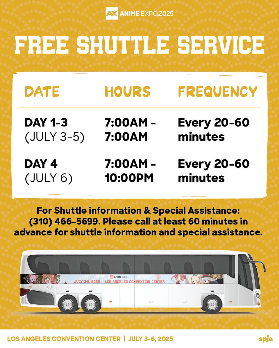 🚌 Getting to #AX2025 just got easier! Check out our shuttle hours for free rides between select DTLA hotels and Anime Expo. 💨

🔗 anime-expo.org/ax/plan/transp…
🎟️ Register Now! showclix.com/tickets/ax25-g…
📱 Download Our Mobile App! anime-expo.org/mobile-app/

Anime Expo 2025 | July 3-6,