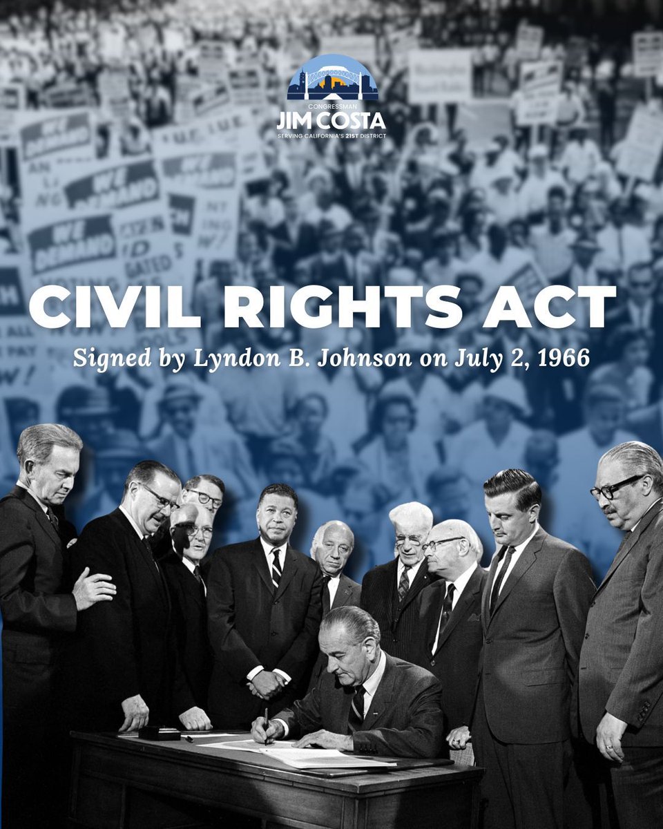On July 2, 1964, the Civil Rights Act was signed outlawing discrimination based on race, color, religion, sex, and national origin.   
 
Yet today, Trump's administration targets immigrants and deports lawful Americans. The push for equality must persist! #CivilRightsAct