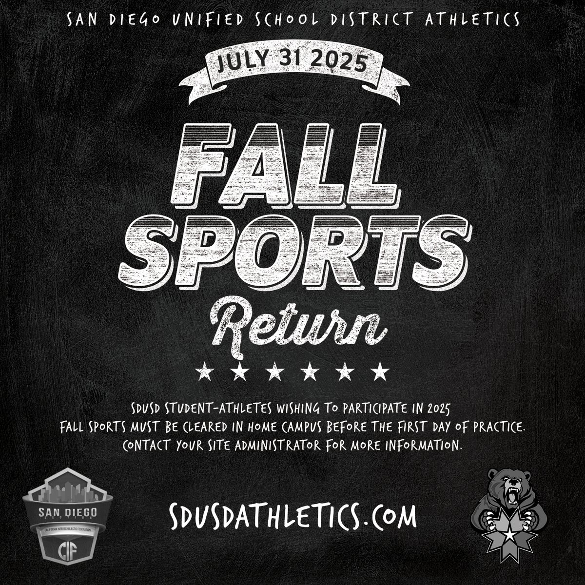 SDUSD student-athletes wishing to participate in 2025 fall sports must be cleared in Home Campus before the first official day of practice.