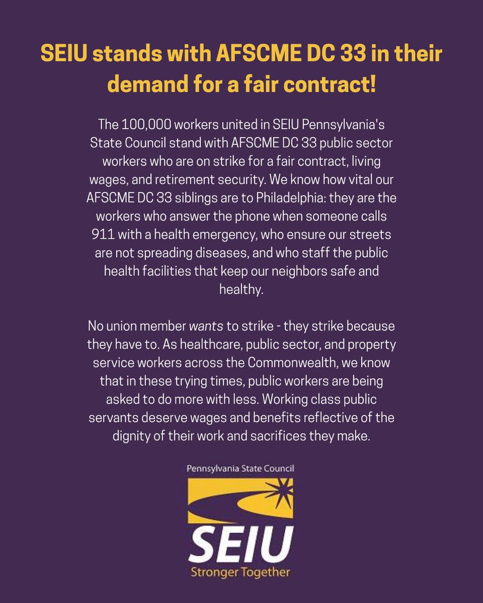 seiuhcpa's tweet image. Union healthcare workers across PA stand with the 9,000 AFSCME city workers on strike in Philadelphia ✊
#SolidarityForever