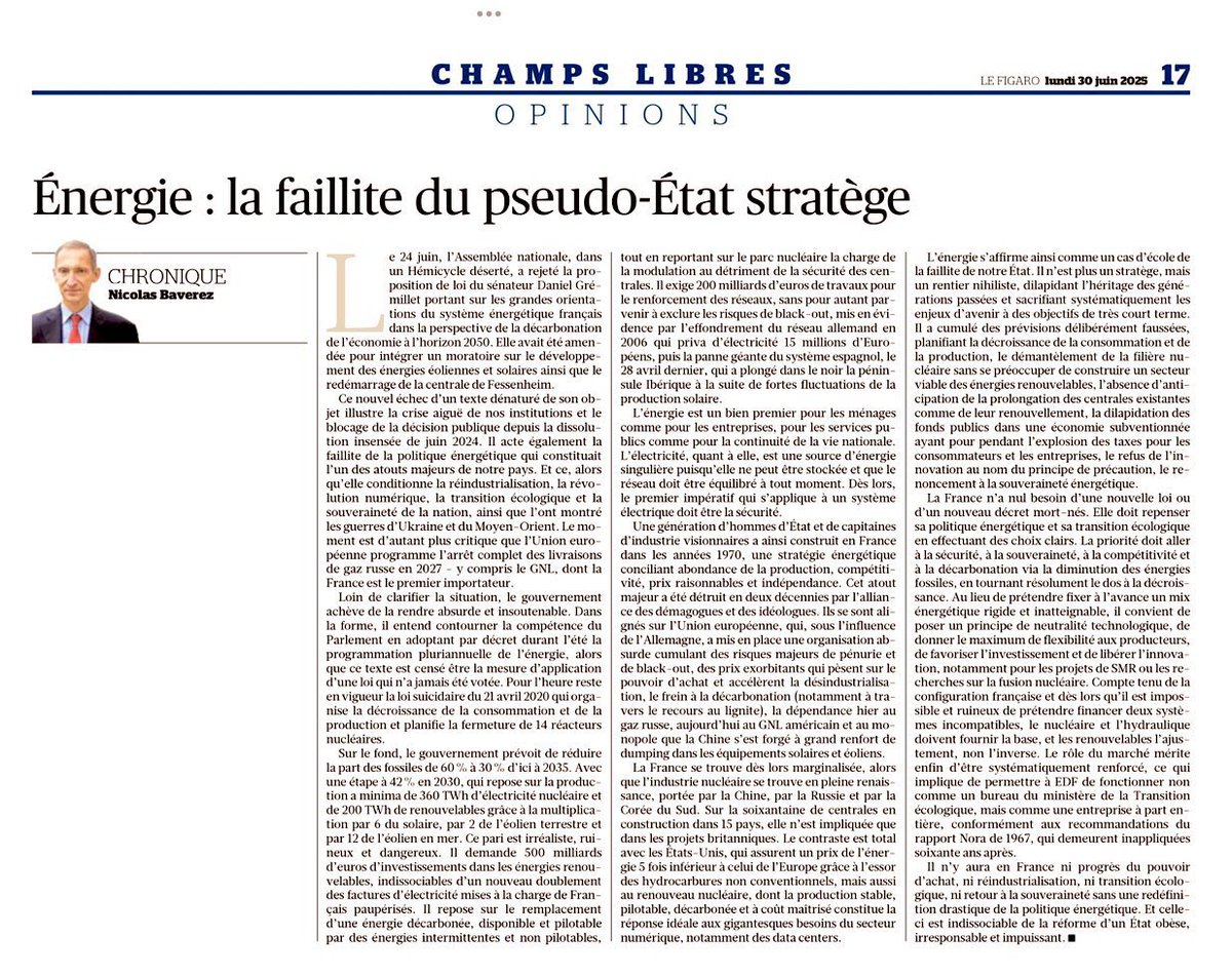 « Le gouvernement prévoit une multiplication du solaire par 6, de l’éolien terrestre par 2 et de l’éolien en mer par 12. Ce pari est irréaliste, ruineux et dangereux », une charge au vitriol de Nicolas Baverez contre le projet de PPE..