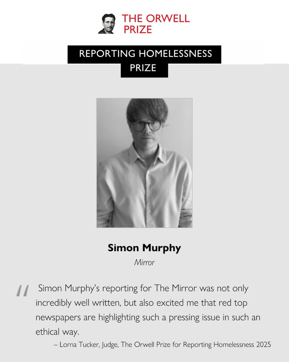 We're thrilled that journalist Simon Murphy has won the #OrwellPrize for Reporting Homelessness.

It was a privilege to work with Simon as he covered the stark reality for women who are rough sleeping, with his powerful front-page story in the #DailyMirror.