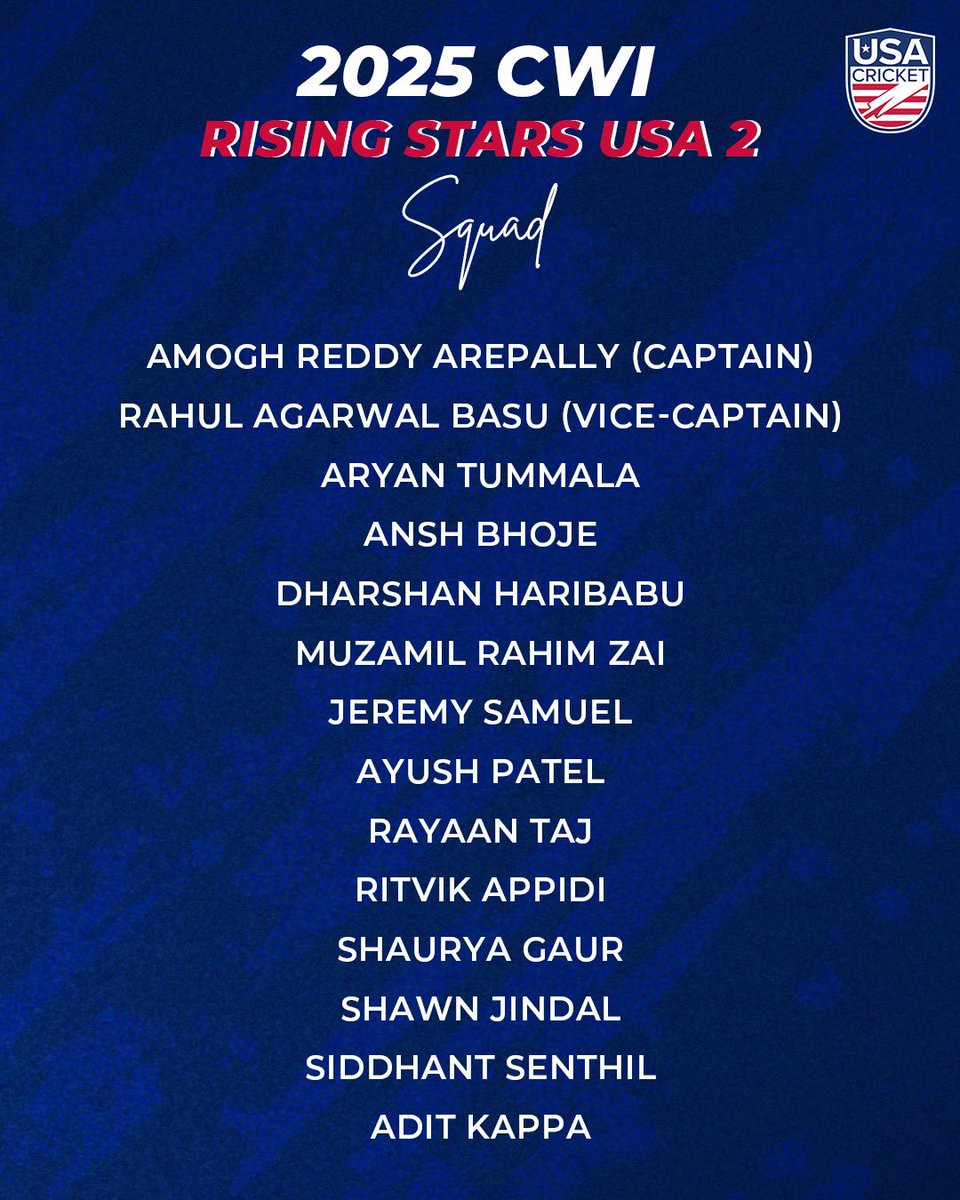 Here are #TeamUSA’s official squads and fixtures for the CWI Rising Stars Championship that starts tomorrow! 🤩 🌟

2️⃣ Squads 🔖
8️⃣ Fixtures 🏏
1️⃣ Mission 💪

Stay tuned as #TeamUSA kick off their campaign in the Caribbean tomorrow! 👊

#WeAreUSACricket 🇺🇸