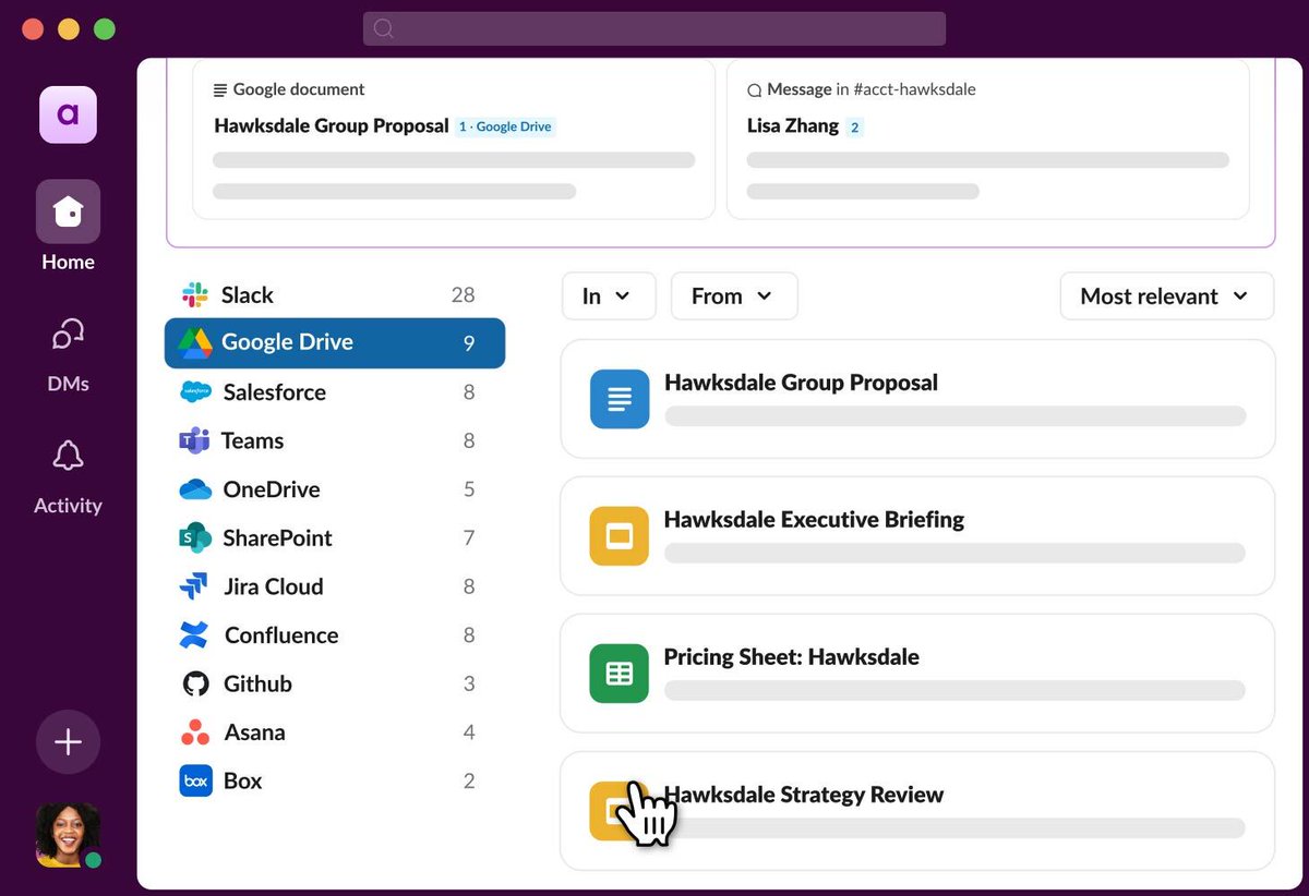 Turn Slack into your company's collective brain.🧠 

Enterprise search builds on Slack's smart AI, connecting all your apps and business tools into one searchable hub. Find files, conversations, and insights instantly, all from that familiar search bar.  sforce.co/4nvYSD6