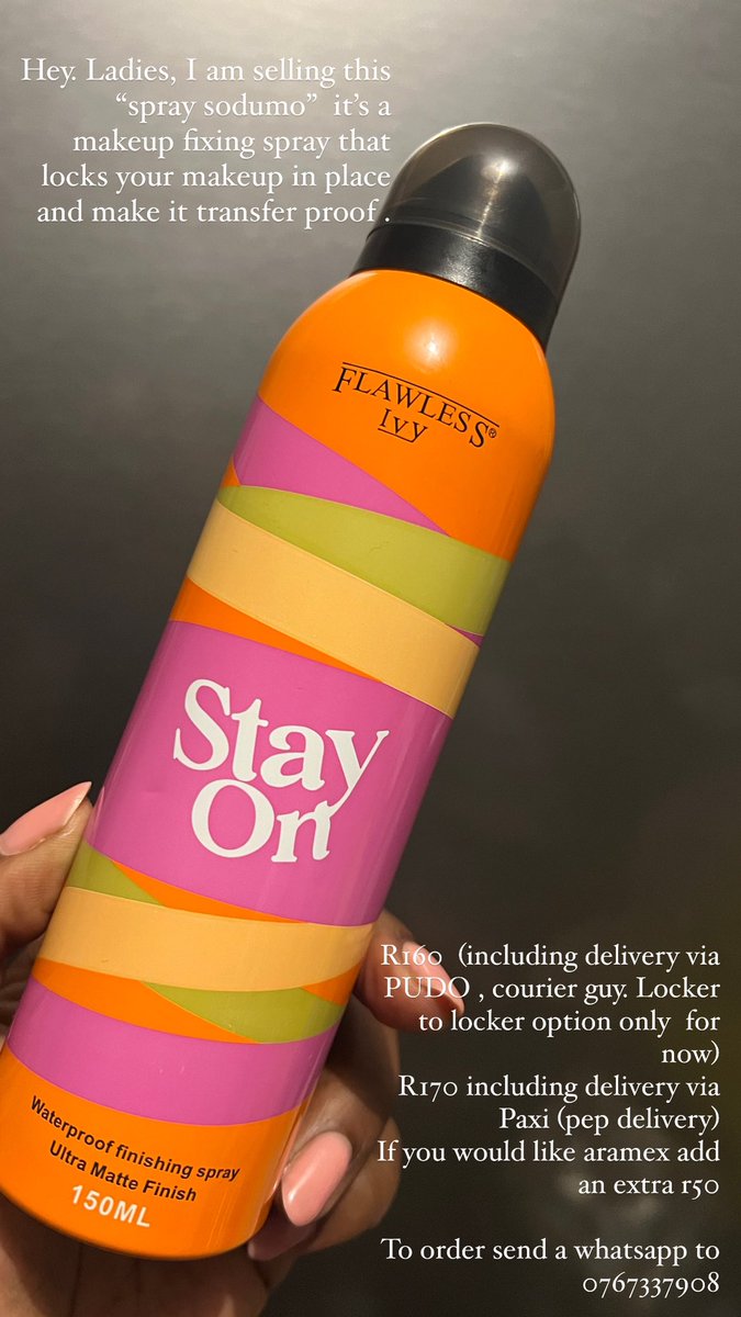 nonitheotiginal's tweet image. Hi everybody I am selling the Stayon makeup fixing spray.
Yes , the one popular on TikTok ❤️
You can watch the video, to see how it works 😘
Please place your orders on 0767337906
The spray is R120 and R50 delivery via Paxi(Pep) and Pudo (courier guy box)