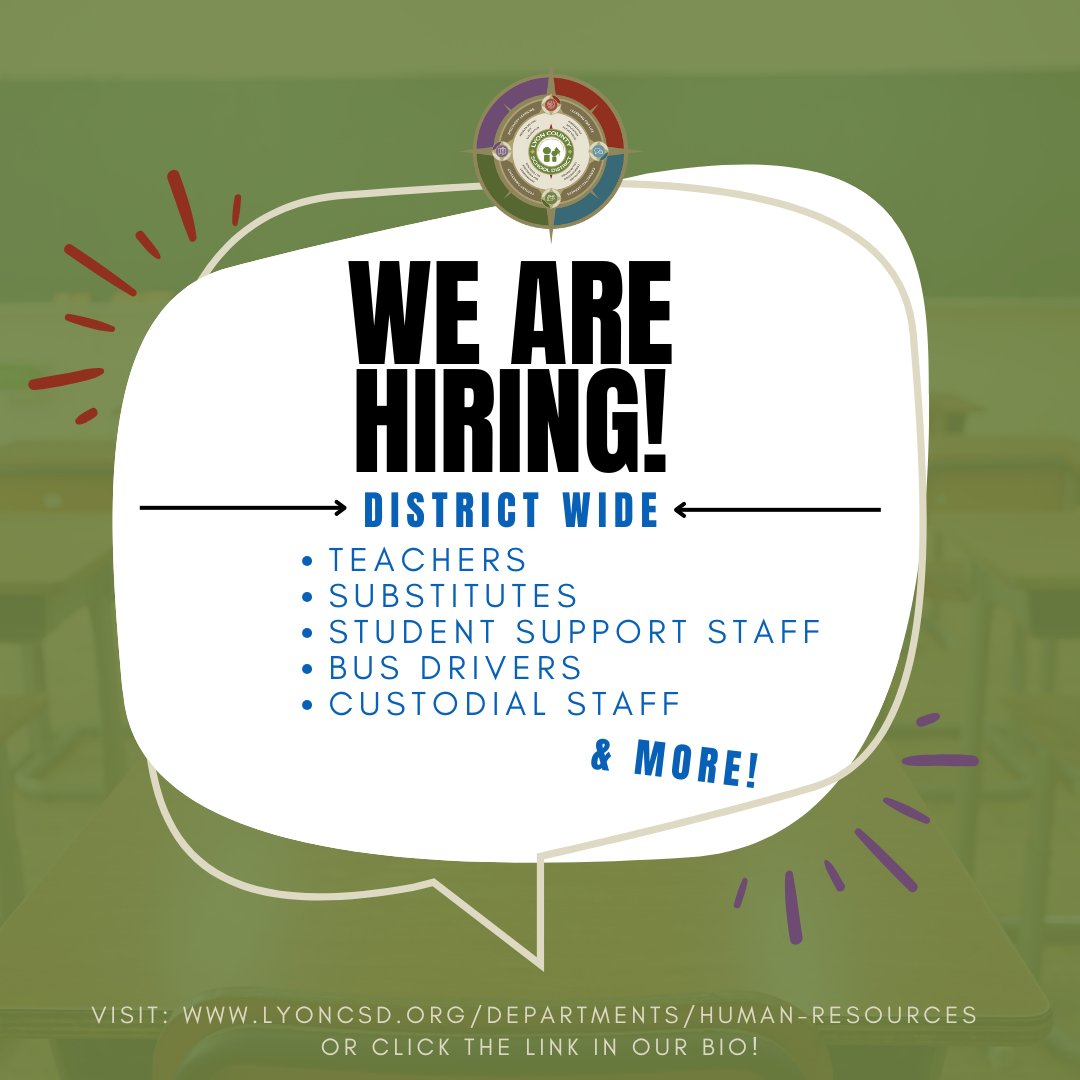 lyoncsd's tweet image. 📢 WE'RE HIRING DISTRICT WIDE!
Join our incredible LCSD team and make a difference in the lives of students across Lyon County! 

Find the full list of position openings &amp;amp; apply now!
🔗  lyoncsd.org/departments/hu…
📍or click the link in our bio!

#LyonCSD #Smalltownsbighearts