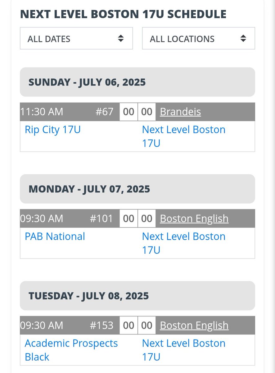 Our 17U schedule for the Boston Classic starting this Saturday July 6. 
🚨Uncommitted Players🚨
2026s:
Matthew Griffin RHP (3.4 GPA)
Lucas Evans 1B/LHP (3.3 GPA)
Thomas Maguire OF (3.8 GPA)
Estiben Cruz RHP (3.1 GPA)
Griffin Conley C (3.9 GPA)
Alex Jacoby RHP (4.0 GPA)