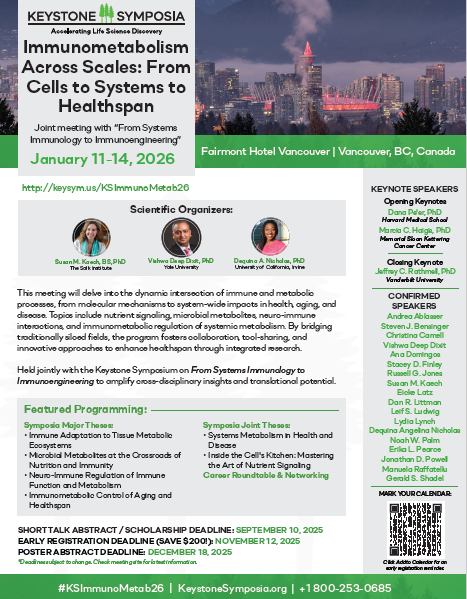 Yale Center for Research on Aging (Y-Age) (@yaleage) on Twitter photo “Immunometabolism Across Scales: From Cells to Systems to Healthspan” will be held Jan. 11-14, 2026 in Vancouver BC. Scientific organizers include <a href="/VishwaDeepDixi1/">Vishwa Deep Dixit</a> of <a href="/YaleMed/">Yale School of Medicine</a>. They meeting will explore the critical junction of metabolic & immune processes bit.ly/4nAdYYA “Immunometabolism Across Scales: From Cells to Systems to Healthspan” will be held Jan. 11-14, 2026 in Vancouver BC. Scientific organizers include <a href="/VishwaDeepDixi1/">Vishwa Deep Dixit</a> of <a href="/YaleMed/">Yale School of Medicine</a>. They meeting will explore the critical junction of metabolic & immune processes bit.ly/4nAdYYA