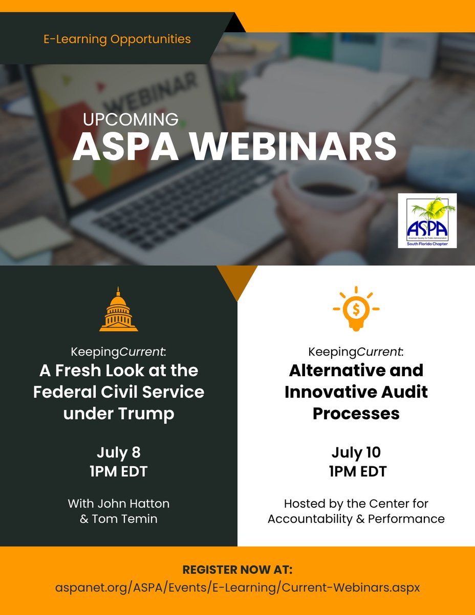📢 ASPA Webinars You Can’t Miss!
📌 A Fresh Look at the Federal Civil Service Under Trump
🗓️ July 8 | ⏰ 1PM EDT
📌 Alternative and Innovative Audit Processes
🗓️ July 10 | ⏰ 1PM EDT
🔗 Register: aspanet.org/ASPA/Events/E-…
#ASPA #PublicService #Webinars #GovNews #Leadership