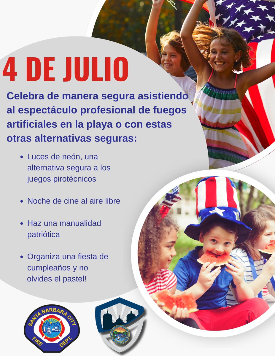 Let's celebrate safely! 
Remember all fireworks are ILLEGAL in our city, but you can celebrate safely and still shine bright! 🌟🎉
Visit:   santabarbaraca.gov/news/celebrate…