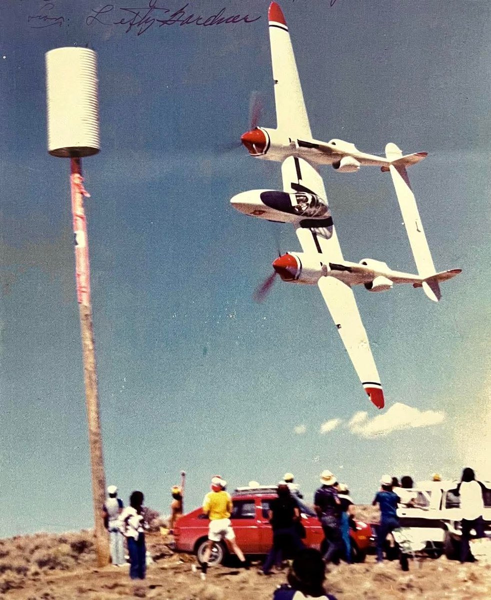 Trev Clark's Obscure Aviation History 🚁 (@clark_aviation) on Twitter photo A scary image circa 1982 and signed by pilot Lefty Gardner, a WWII veteran and air race legend, flying at 400mph and 20 feet off the deck in his Lockheed P-38 Lightning at the Reno Air Races. A scary image circa 1982 and signed by pilot Lefty Gardner, a WWII veteran and air race legend, flying at 400mph and 20 feet off the deck in his Lockheed P-38 Lightning at the Reno Air Races.