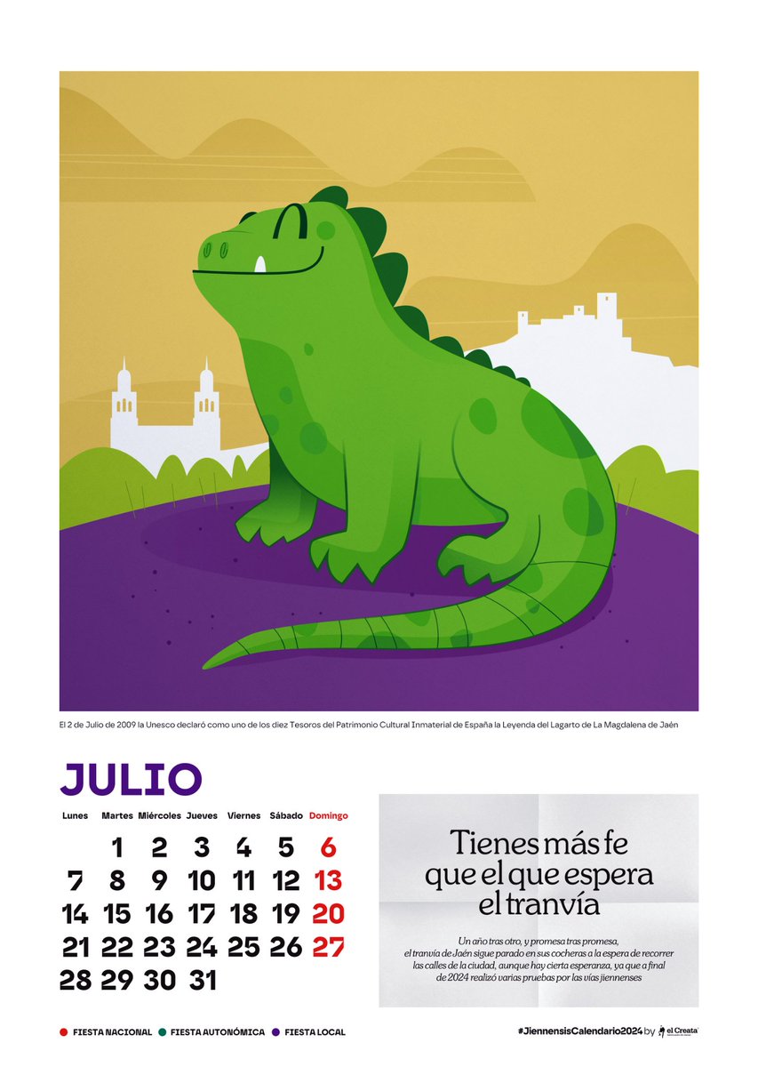 Hoy se celebra el Día del Lagarto de La Magdalena, leyenda elegida como uno de los 10 tesoros del Patrimonio Cultural Inmaterial de España el 2 de julio de 2009, y protagonista de Julio del Jiennensis Calendario

#DíadelLagarto #JiennensisCalendario2025 #JiennensisExpressions