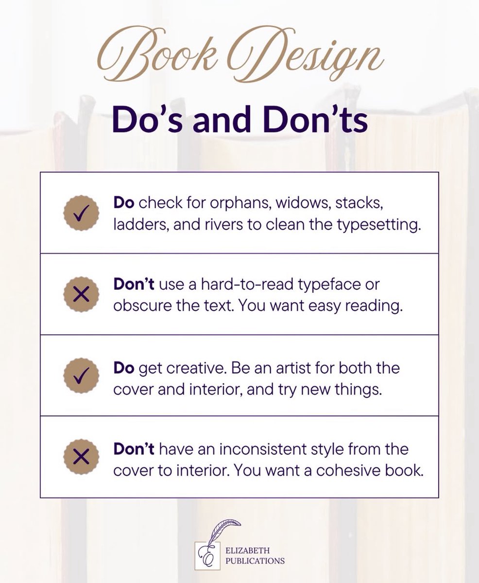 ElizabethPub's tweet photo. Check out these do’s and don’ts of book design! 📖 

Not sure if you want to design the book yourself? 📚 We offer book design services to assist authors and presses to create a beautiful book.
🔗 https://t.co/7pAAn1hgae

#bookdesign #books #bookarts #bookservices https://t.co/P6inlbXuvO