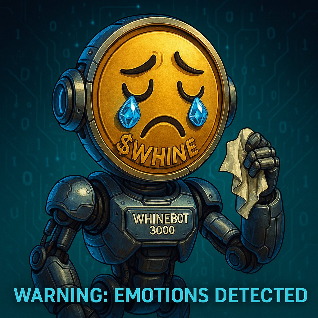 😭🚀 Whinebot 3000 🚀😭
System Error: “Too much green. Cannot compute.”
🧠 Built to eat $WHINE dips.  Now overwhelmed by relentless upside.

📊 Every candle is frying its circuits.
💎 Meanwhile, we’re printing with precision.

⚠️ Diamond hands detected.
⚠️ Fear index offline.