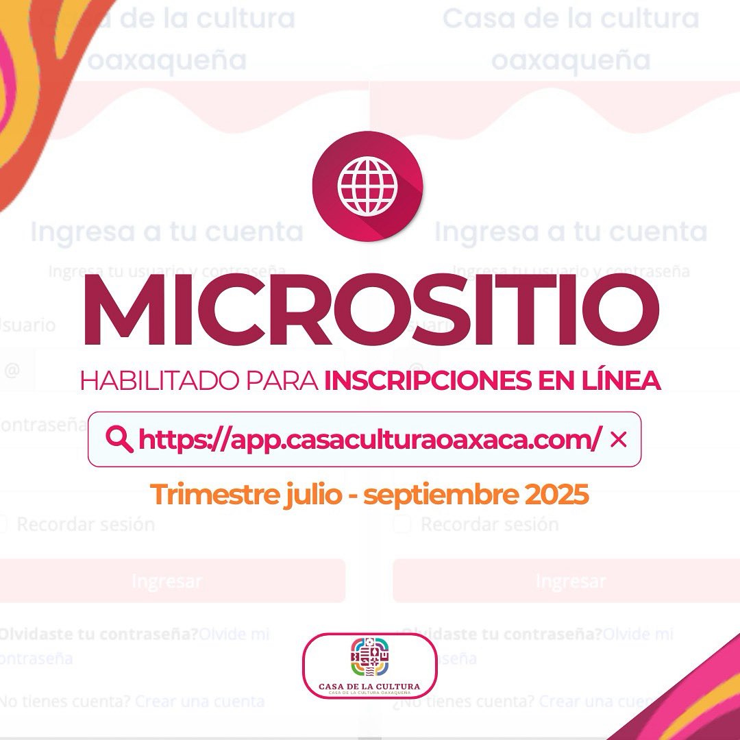 Casa de la Cultura Oaxaqueña (@cco_goboax) on Twitter photo Inscripciones presenciales y en línea 
1,2 y 3 de julio
en línea:
app.casaculturaoaxaca.com
AQUÍ ENCONTRARÁS LA LOS TALLERES Y REQUISITOS PARA TU INSCRIPCIÓN:
facebook.com/share/p/16c4bj…
AQUÍ ENCONTRARÁS UN MANUAL PARA LA INSCRIPCIÓN EN LÍNEA:
facebook.com/share/p/1EKv6L… Inscripciones presenciales y en línea 
1,2 y 3 de julio
en línea:
app.casaculturaoaxaca.com
AQUÍ ENCONTRARÁS LA LOS TALLERES Y REQUISITOS PARA TU INSCRIPCIÓN:
facebook.com/share/p/16c4bj…
AQUÍ ENCONTRARÁS UN MANUAL PARA LA INSCRIPCIÓN EN LÍNEA:
facebook.com/share/p/1EKv6L…