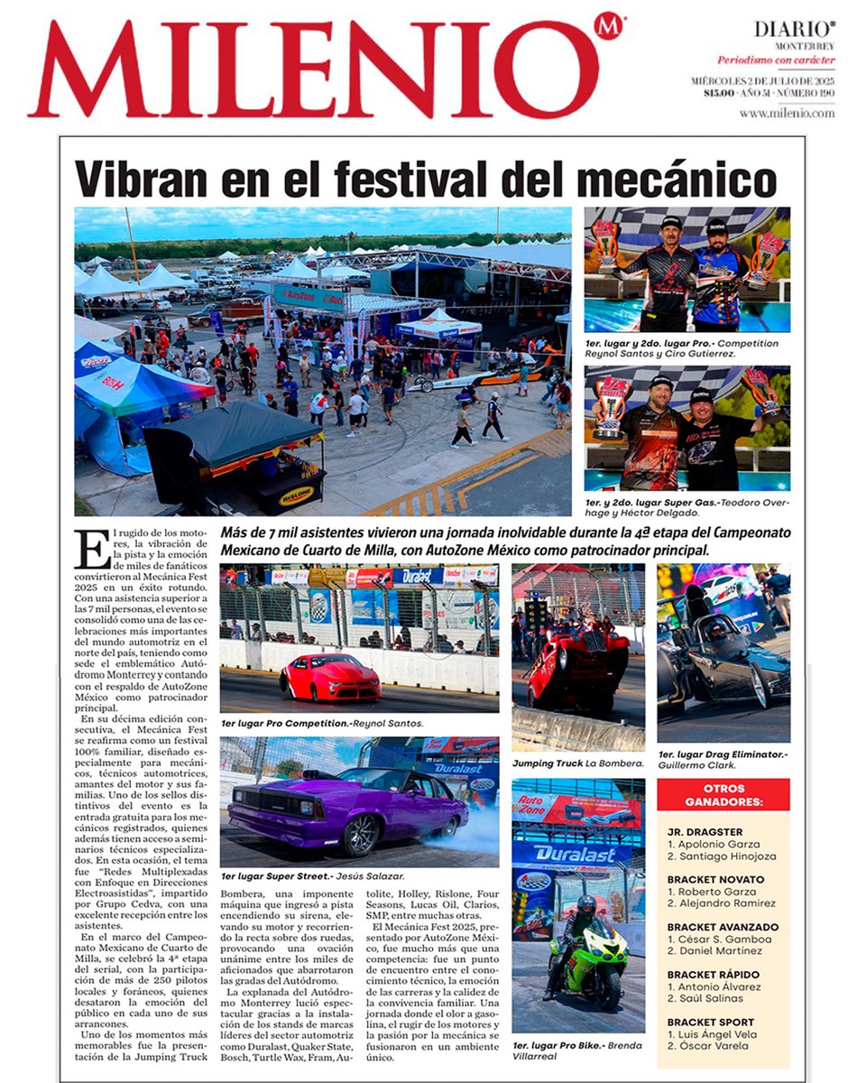 AutodromoO's tweet photo. ๐๐งพ | Gracias al periรณdico Milenio Monterrey por la cobertura del evento Mecรกnica Fest, presentado @autozonemexico
#MecanicaFest #AutoZone #AutodromoMonterrey #Racing #CuartoDeMilla https://t.co/5JuZCgIVoM