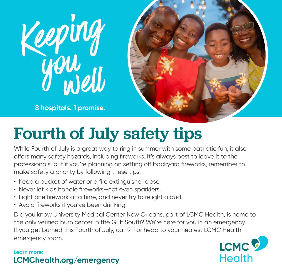 LCMC Health (@lcmchealth) on Twitter photo Stay safe this Fourth of July! 🎆 Celebrate responsibly with our top tips to avoid firework injuries—remember, if you need help, we’re here for you. 
Learn more at bit.ly/3FLGaql. Stay safe this Fourth of July! 🎆 Celebrate responsibly with our top tips to avoid firework injuries—remember, if you need help, we’re here for you. 
Learn more at bit.ly/3FLGaql.