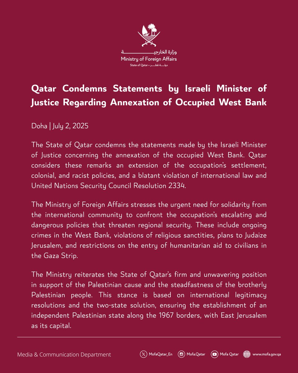 Statement | Qatar Condemns Statements by Israeli Minister of Justice Regarding Annexation of Occupied West Bank

#MOFAQatar