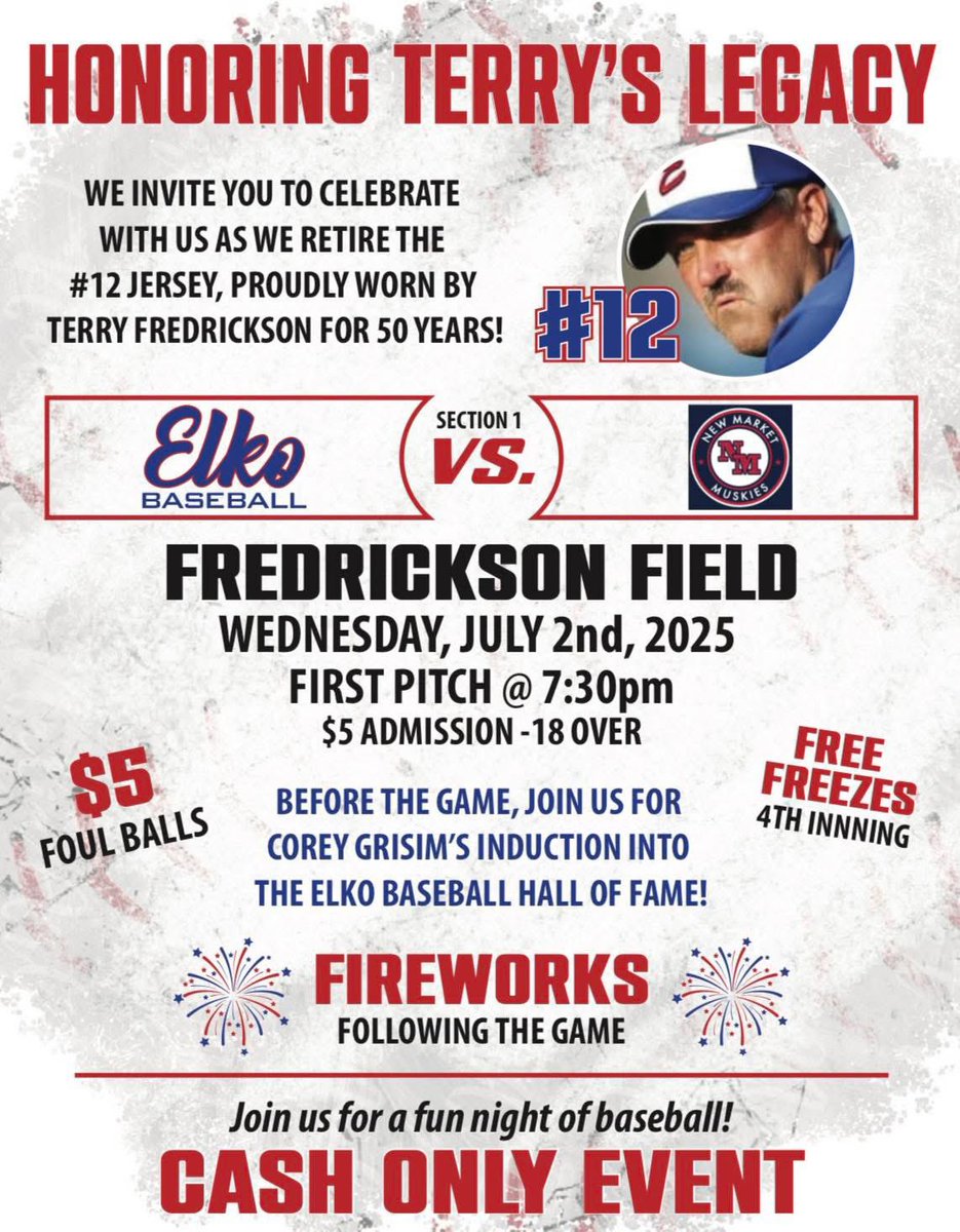 ElkoExpress's tweet photo. A BIG night for Elko baseball &amp; our beloved manager Terry Fredrickson as we officially retire #12 when we take on crosstown rival @nmMUSKIES 

Ceremony begins at 7:15 with first pitch at 7:30pm. Overflow parking will be at the speedway, we can’t wait to see everyone tonight 🚂 https://t.co/SQ0kV0ysp9