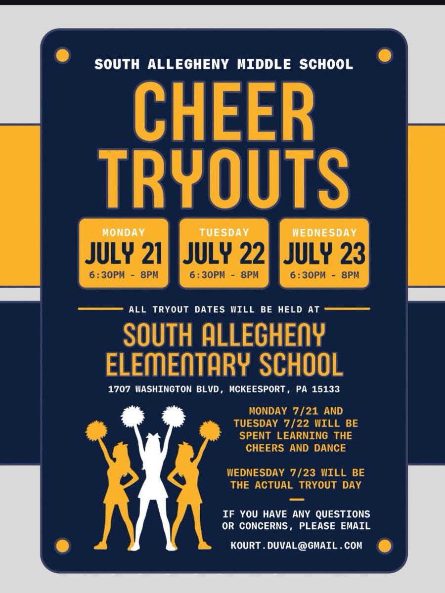Interested in joining the 2025-2026 South Allegheny Middle School Cheer Squad?
25/26 SAMS Cheer Tryouts are at the Elementary School Gym on:
Monday, July 21 -- 6:30pm-8pm
Tuesday, July 22 -- 6:30pm-8pm
Wednesday, July 23 -- 6:30pm-8pm
Questions? Email kourt.duval@gmail.com