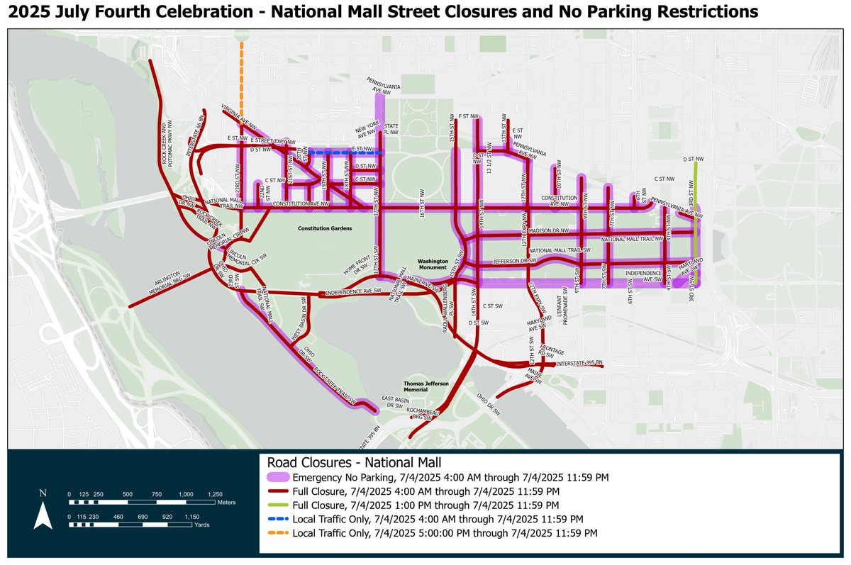 Traveling to the National Mall this Fourth of July? 🎆
🚇Metro is the way to go! 
🚧Extensive road closures downtown go into effect beginning at 4:00 a.m. Friday. 
Full list here: mpdc.dc.gov/release/traffi…