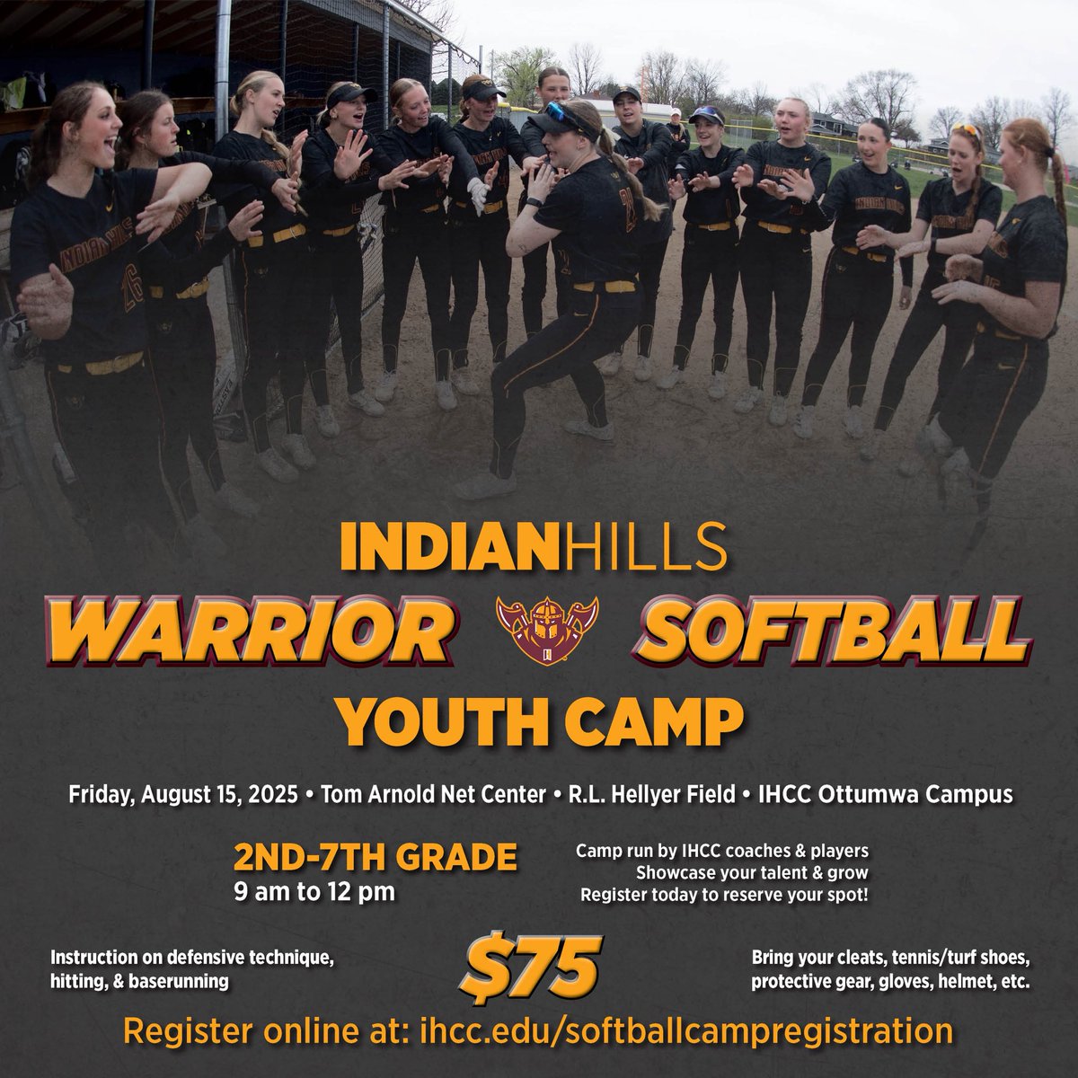 Train like a future Warrior! 🥎

Get signed up for our Youth camp! Grades 2nd-7th get to grow their game with hands on college-level coaching. Don’t miss out on a fun morning with Indian Hills softball! ⬇️

ihcc.edu/softballcampre…