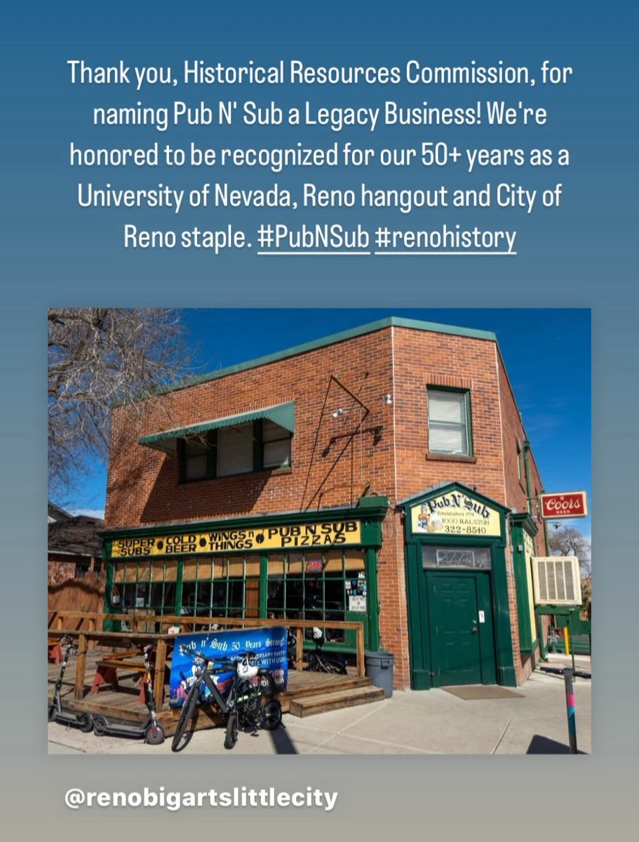 PubandSub's tweet photo. Thank you, Historical Resources Commission, for naming The Pub a Legacy Business! We're honored to be recognized for our 50+ years as a @unevadareno hangout and @CityofReno staple. #PubNSub #renohistory https://t.co/oBXku7GxjD