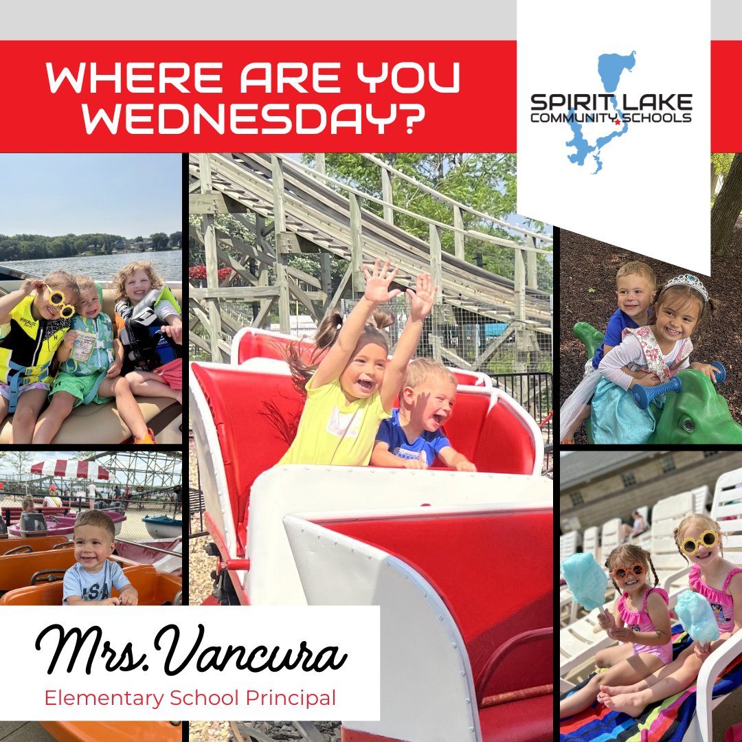 #WhereAreYouWednesday takes us on a summer adventure with Principal Vancura and her kids! From Arnold’s Park to the pool to camps—they’ve been making the most of every sunny moment. ☀️🎢🏊‍♀️ What fun things have you been up to this summer?