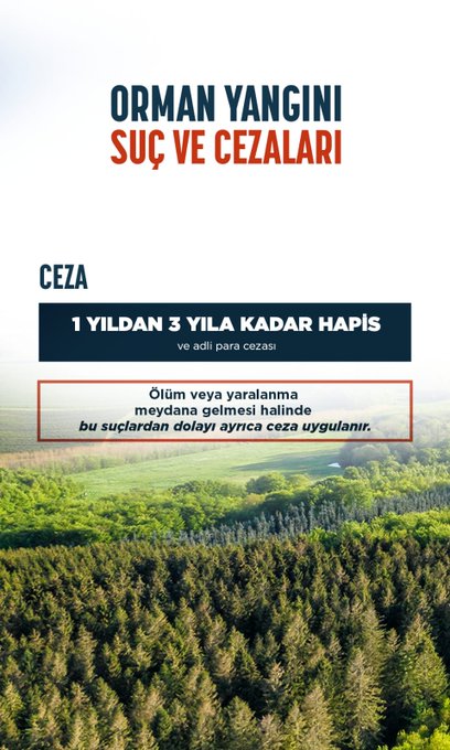 The images are informational posters from Orman Genel Müdürlüğü (@OGMgovtr) detailing the legal consequences of causing forest fires in Turkey. The first image lists various offenses related to forest fires, such as lighting fires without permission, leaving a fire unattended, and throwing cigarette butts or matches in forests. Corresponding penalties range from 3 to 10 years in prison. The second image specifies that causing a forest fire can result in 1 to 3 years in prison, with increased penalties if injury or death occurs. The third image highlights that setting a forest fire with intent against state security results in a life sentence. The background of all images features a serene forest landscape, emphasizing the natural environment at risk. The post text underscores the severity of causing forest fires, whether intentional or due to negligence, and mentions the legal repercussions.