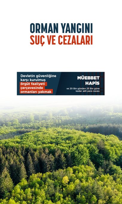 The images are informational posters from Orman Genel Müdürlüğü (@OGMgovtr) detailing the legal consequences of causing forest fires in Turkey. The first image lists various offenses related to forest fires, such as lighting fires without permission, leaving a fire unattended, and throwing cigarette butts or matches in forests. Corresponding penalties range from 3 to 10 years in prison. The second image specifies that causing a forest fire can result in 1 to 3 years in prison, with increased penalties if injury or death occurs. The third image highlights that setting a forest fire with intent against state security results in a life sentence. The background of all images features a serene forest landscape, emphasizing the natural environment at risk. The post text underscores the severity of causing forest fires, whether intentional or due to negligence, and mentions the legal repercussions.