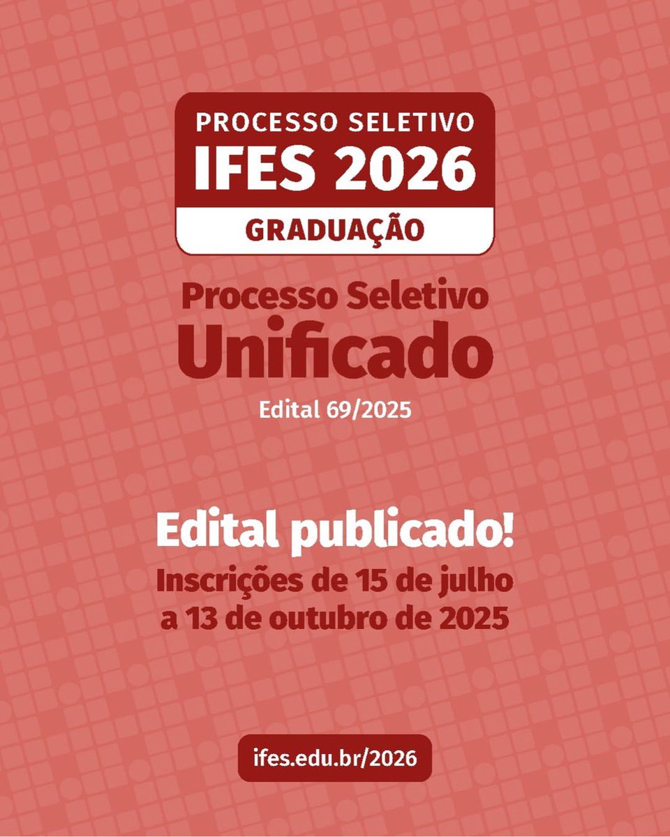 Confira o edital do Processo Seletivo Unificado para cursos de graduação do Ifes: ifes.edu.br/noticias/21979…
As inscrições começam no dia 15/7 e a seleção será por prova de redação, marcada para 30/11.
O #IfesColtina oferta vagas para #ArquiteturaEUrbanismo. Aproveite!