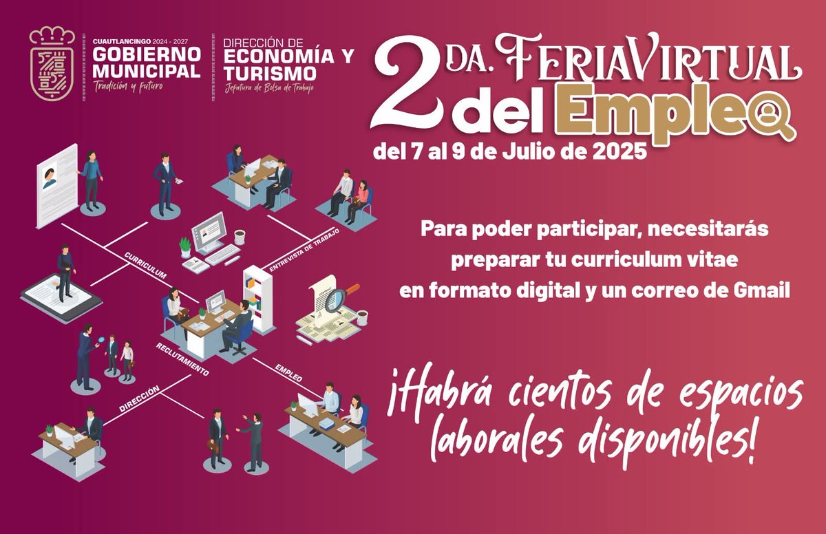 PoderNoticiaPue's tweet image. 💼 Feria Virtual del Empleo en #Cuautlancingo ||Del 7 al 9 de julio, la Dirección de Economía y Turismo realizará la Segunda Feria Virtual del #Empleo.
📲 Para más información y registro, escribe al 221 582 2820.
Prepara tu CV digital y aprovecha esta oportunidad.

#PoderNoticia