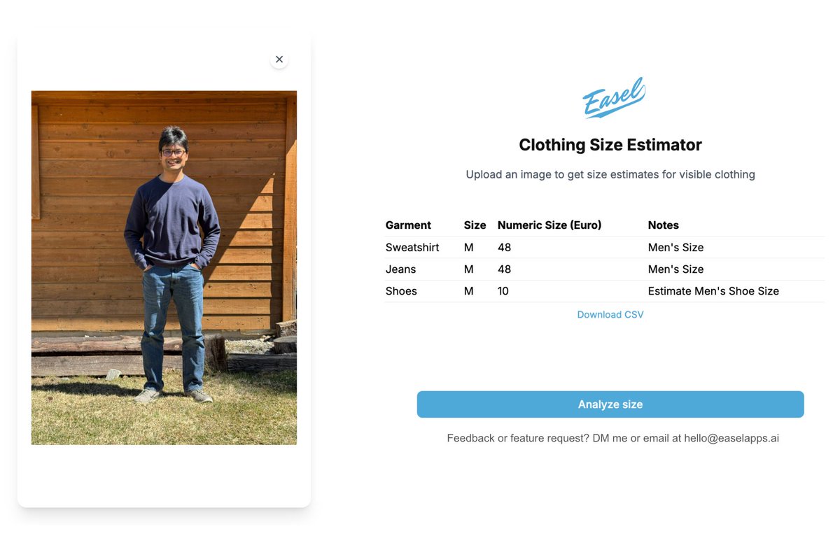 rajan_vaish's tweet image. At @easel_ai, we've been building at the intersection of fashion and AI. Recently, we released the Size Estimator and shared it with a large EU-based fashion brand. Their tests showed nearly 100% accuracy. As we're piloting Size Estimator with more brands, we'd love feedback.…