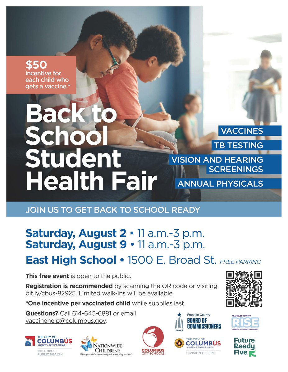 Mark your calendars for the Back to School Student Health Fair at East High School on August 2, and August 9!

Students can receive vaccines, TB testing, vision and hearing testing, annual physicals and MORE! Learn more at bit.ly/cbus-82925