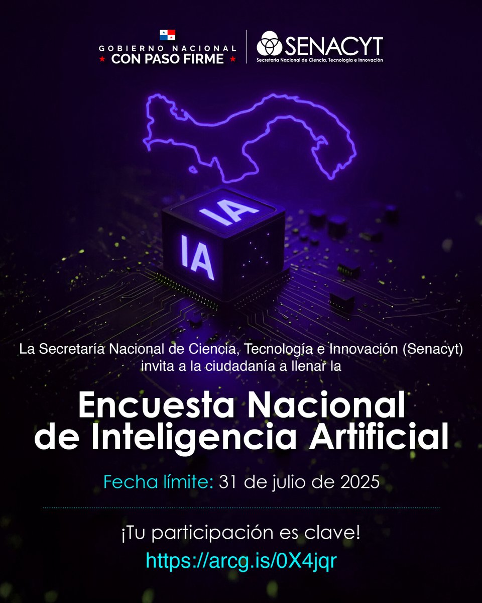 Senacyt Panamá (@senacyt) on Twitter photo 🇵🇦La <a href="/senacyt/">Senacyt Panamá</a> está desarrollando la Estrategia Nacional de Inteligencia Artificial. Para ello, necesitamos conocer el panorama actual. ¡Participa llenando la Encuesta Nacional de Inteligencia Artificial!
📲Accede a la encuesta aquí: arcg.is/0X4jqr 🇵🇦La <a href="/senacyt/">Senacyt Panamá</a> está desarrollando la Estrategia Nacional de Inteligencia Artificial. Para ello, necesitamos conocer el panorama actual. ¡Participa llenando la Encuesta Nacional de Inteligencia Artificial!
📲Accede a la encuesta aquí: arcg.is/0X4jqr
