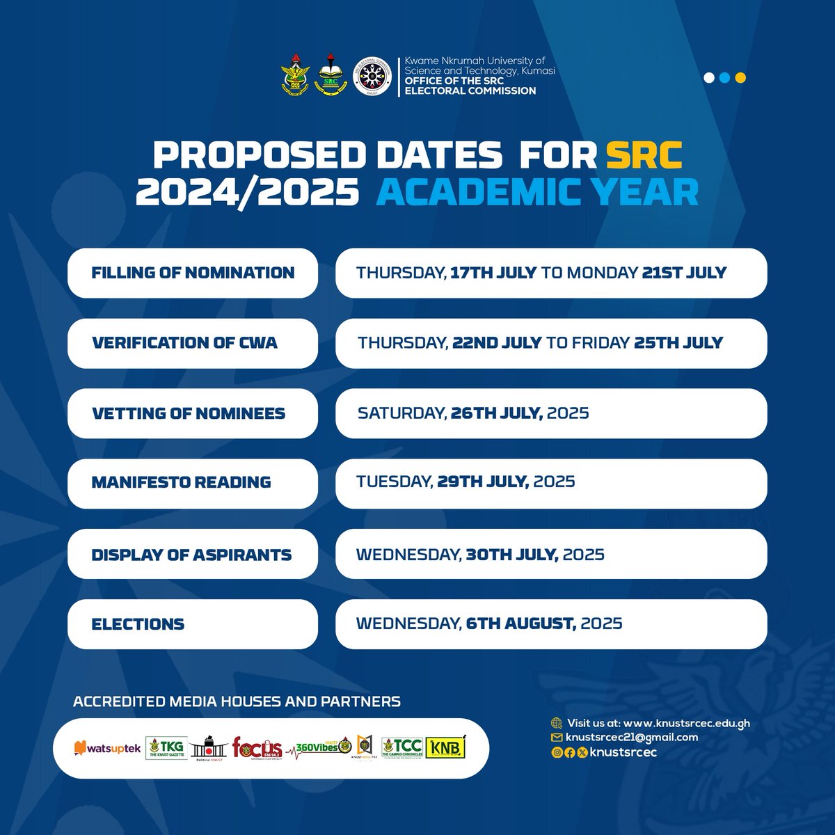KNUSTSRCEC's tweet image. Dates and Timelines for the 2025 SRC Elections.

#KNUSTDecides2025
