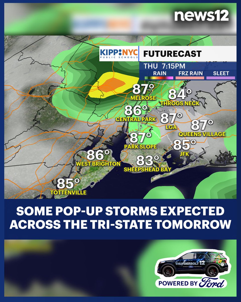 N12Thunderbolt's tweet image. THUNDERBOLT 12 ⛈️ There's a slight chance of a rogue shower or storm popping up near you on Thursday evening. Stick with News 12 to stay up-to-date with your hyper-local weather forecast.