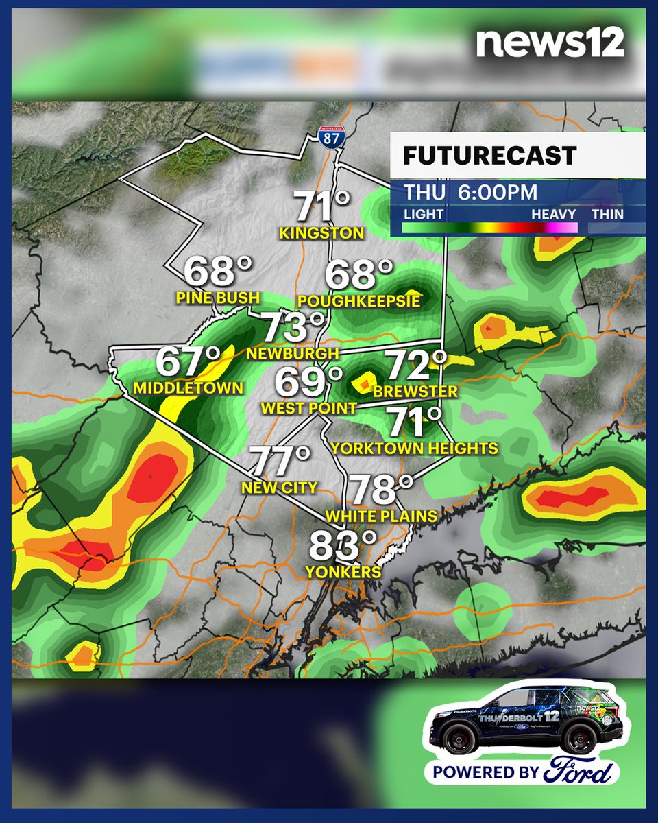 N12Thunderbolt's tweet image. THUNDERBOLT 12 ⛈️ There's a slight chance of a rogue shower or storm popping up near you on Thursday evening. Stick with News 12 to stay up-to-date with your hyper-local weather forecast.