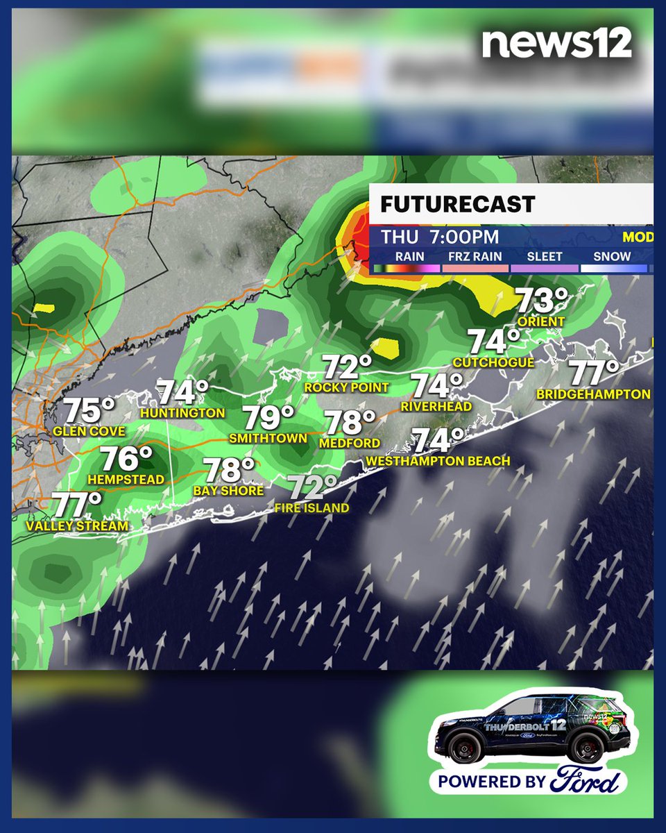 N12Thunderbolt's tweet image. THUNDERBOLT 12 ⛈️ There's a slight chance of a rogue shower or storm popping up near you on Thursday evening. Stick with News 12 to stay up-to-date with your hyper-local weather forecast.